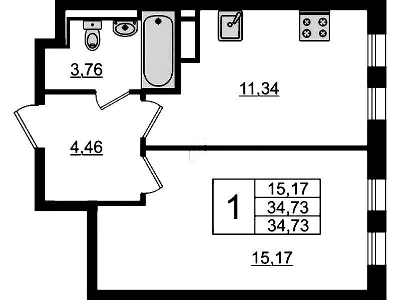 1-комнатная квартира 34.73 м², 5/12 эт., ЖК «Новые Лаврики»